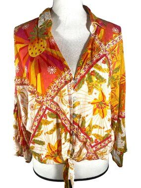 Haute Hippie Tropical Print Button-Up Tie-Front Blouse M boho festival hippie